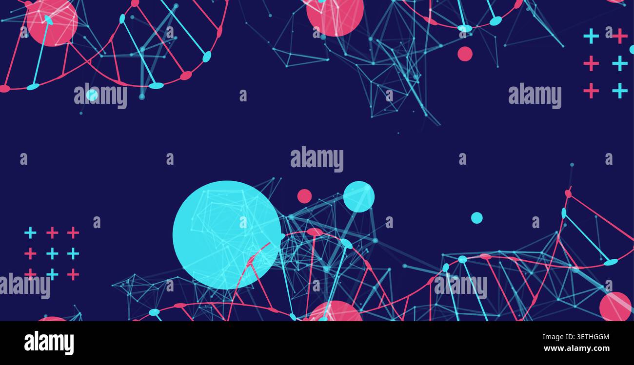 Abstract vector futuristic DNA helix structure with digital plexus network on dark background. Stock Vector