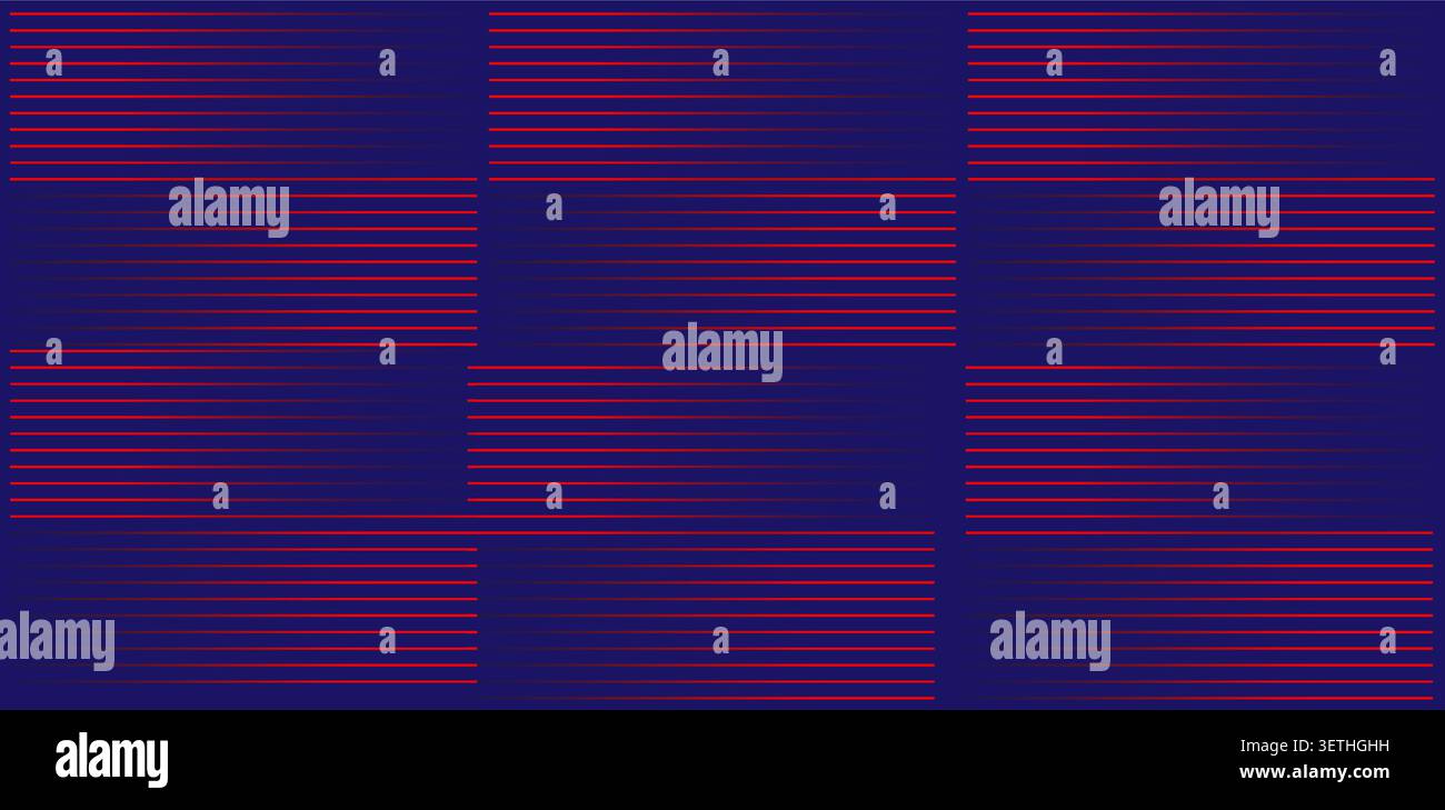 Striking navy blue backdrop with bold red horizontal lines. Rectangular blocks of parallel stripes create modern, geometric, repeating pattern. Clean. Stock Vector