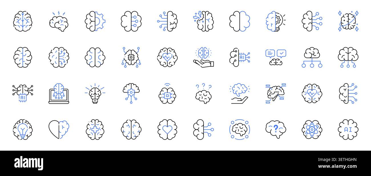 Artificial Intelligence, Machine Learning and Neural Network Line Icons Set Editable Stroke Vector Illustration Stock Vector
