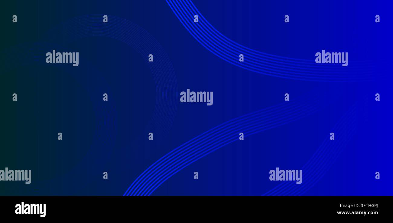 Dynamic digital background featuring deep blue gradient with glowing linear elements. Contemporary graphic design with minimalist circles and sweeping Stock Vector