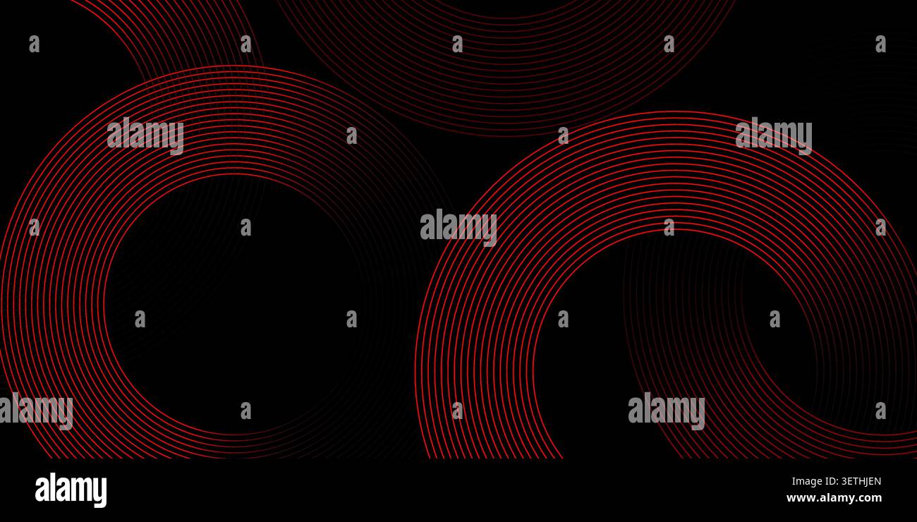 Abstract dark background features dynamic red glowing lines forming modern circular patterns, casting subtle shadows for a sleek, contemporary design Stock Vector
