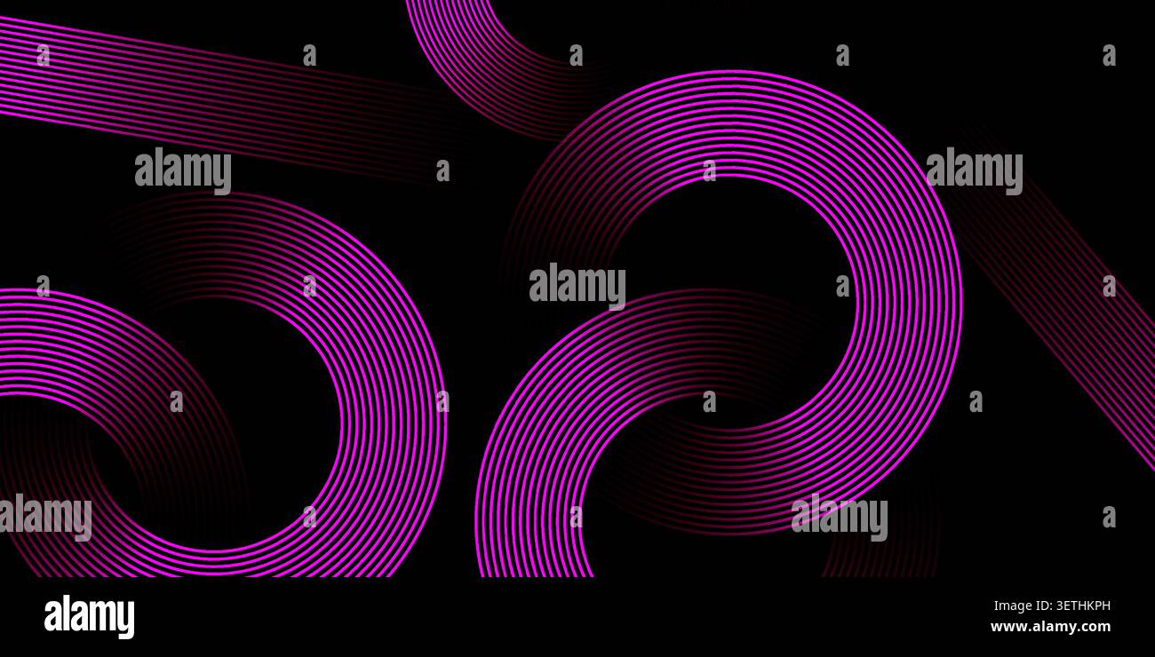 Abstract background featuring intertwined glowing purple lines that create circles and various dynamic patterns, against a dark backdrop. Stock Vector