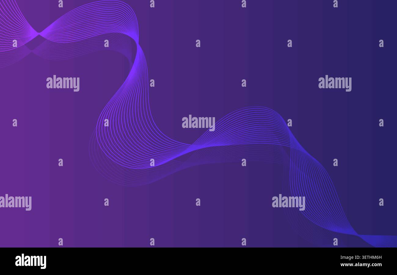 Dynamic composition featuring glowing purple waves crossing diagonal path over deep violet backdrop. Ideal for modern technology presentations, digita Stock Vector