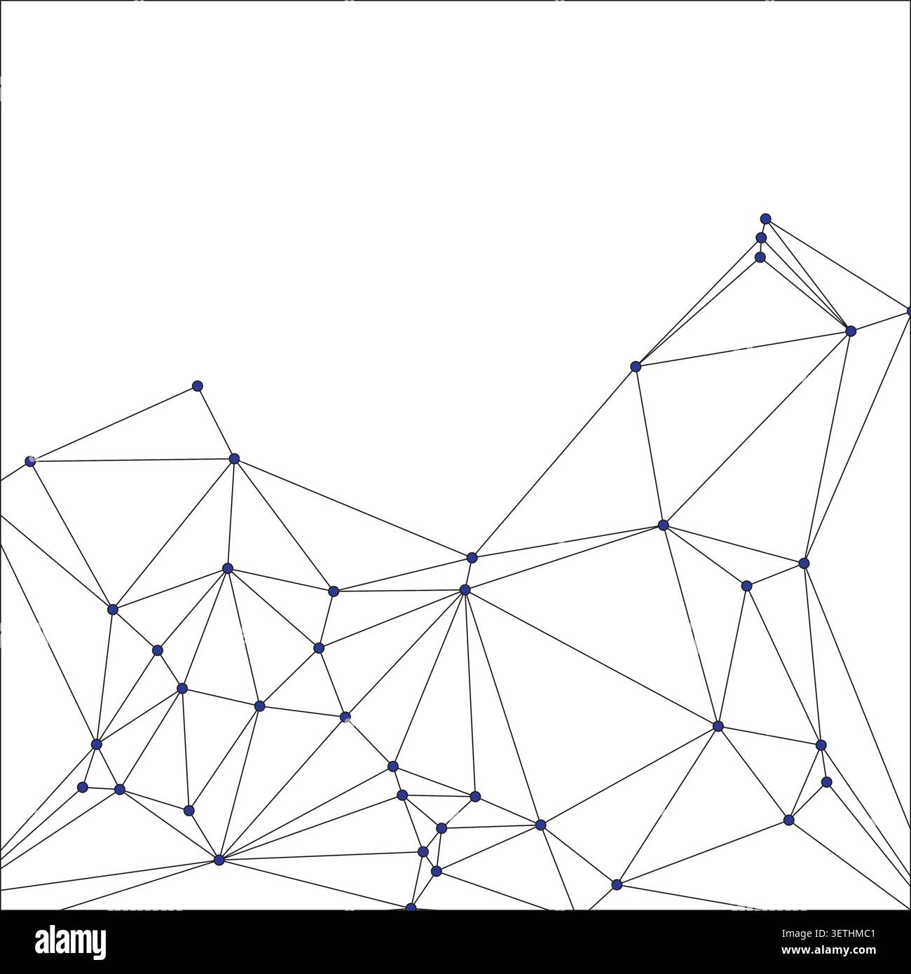 Polygonal shapes. Abstract network. Dark blue points. Connected lines create triangles. White backdrop. Stock Vector