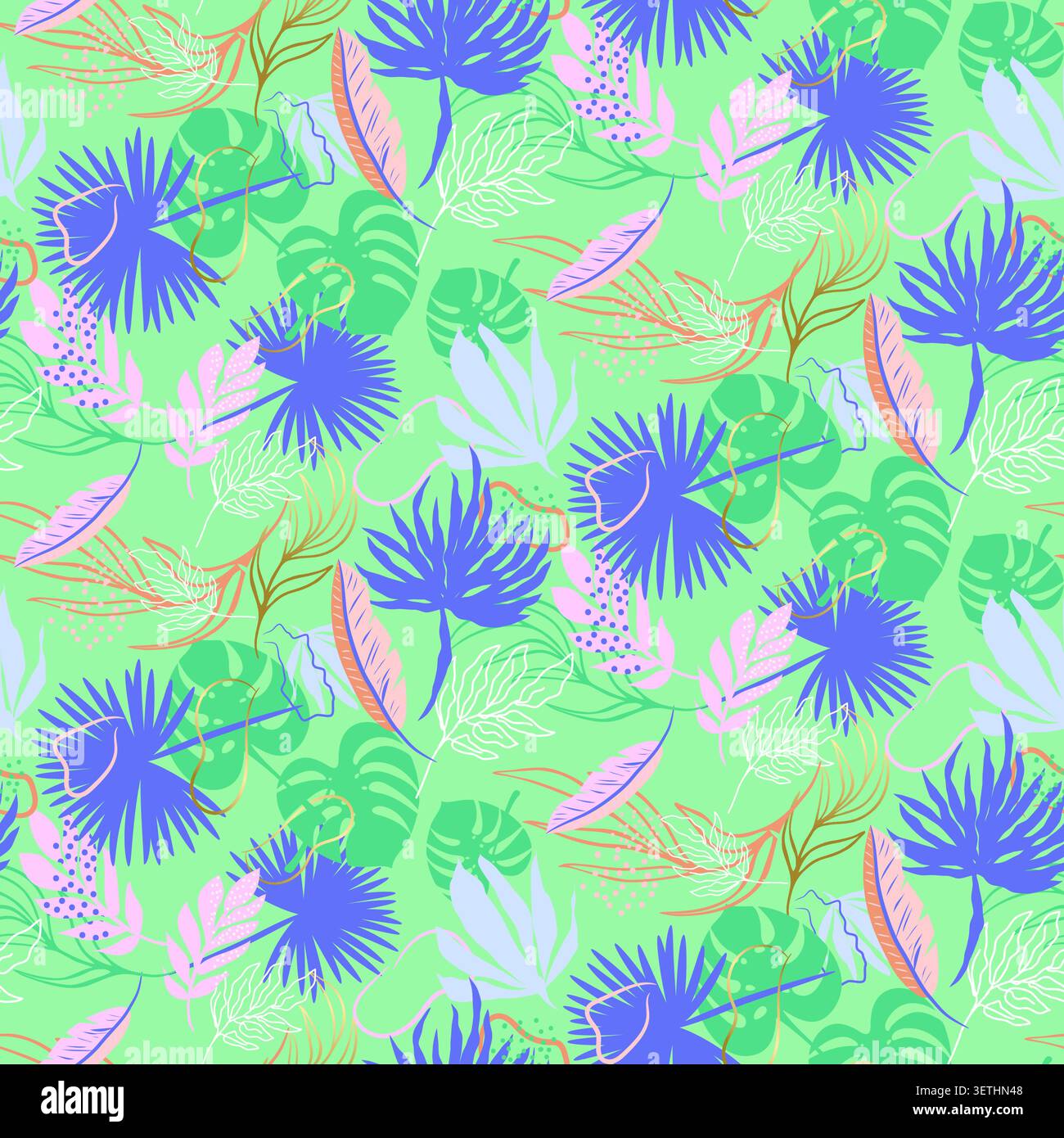 Seamless pattern of green tropical leaves and flowers summer background. Background Vector Stock Vector