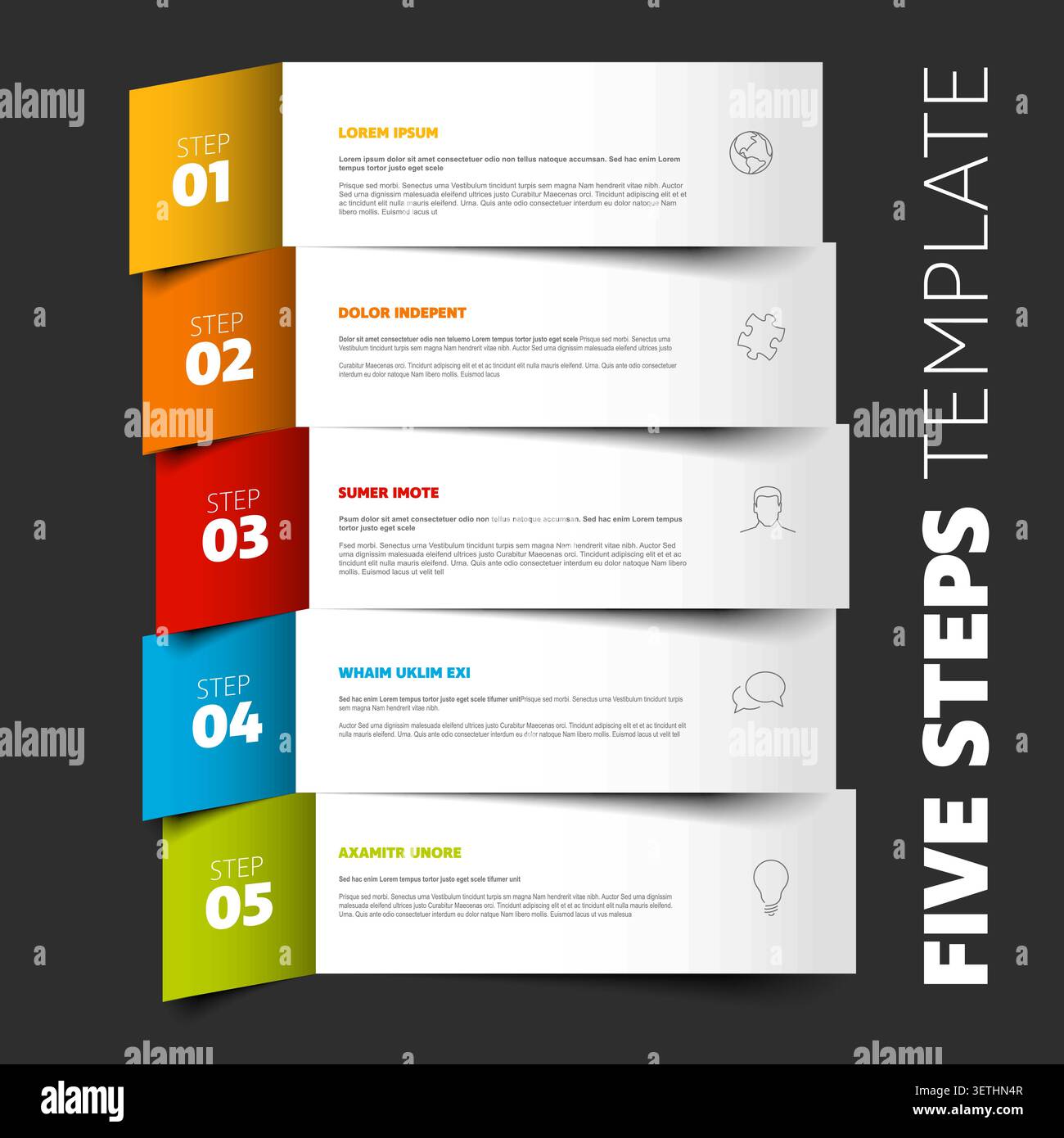 Professional infographic template featuring a five steps process with colorful folded banners. This five steps layout uses infographic visuals for cle Stock Vector