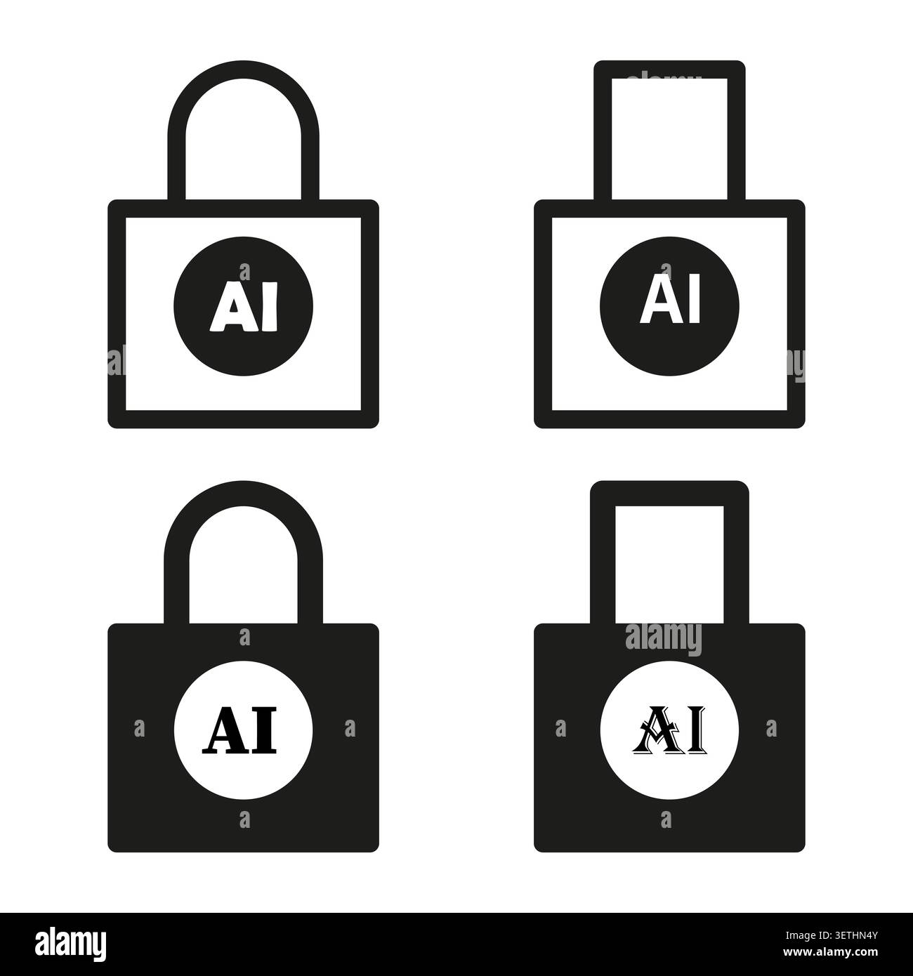 Artificial intelligence security lock and unlock icon set vector. Ideal for cybersecurity concepts and modern technology graphics. EPS 10. Stock Vector