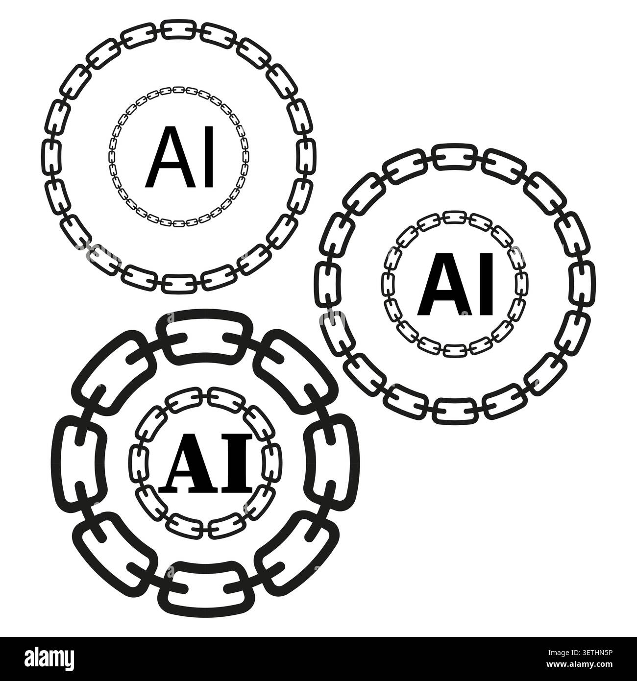 Artificial intelligence text within circular chain frames vector. Excellent for blockchain technology branding and secure UI. EPS 10. Stock Vector