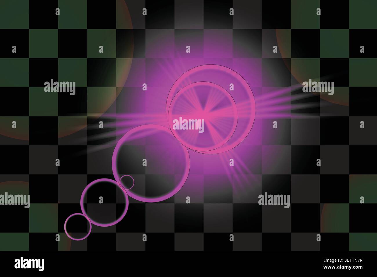 Vibrant pink light rays and geometric circles on a dark grid background Stock Vector