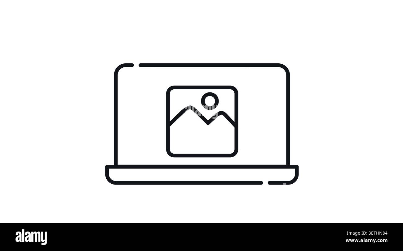 Laptop with image icon on screen: portable notebook computer representing digital photography, wallpaper gallery, and graphic design, minimalist black Stock Vector