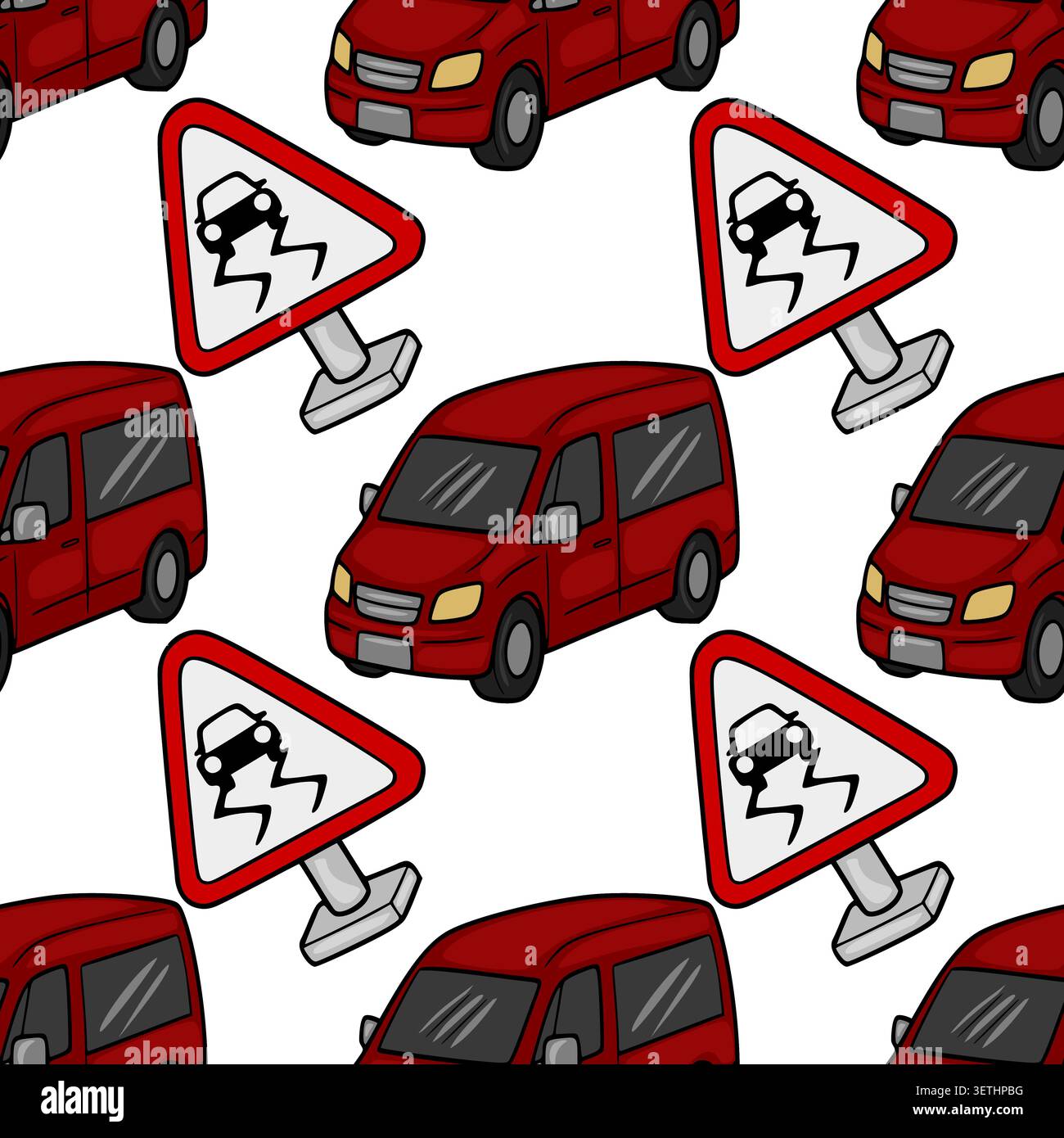 Red car and slippery road warning sign seamless vector pattern Stock Vector
