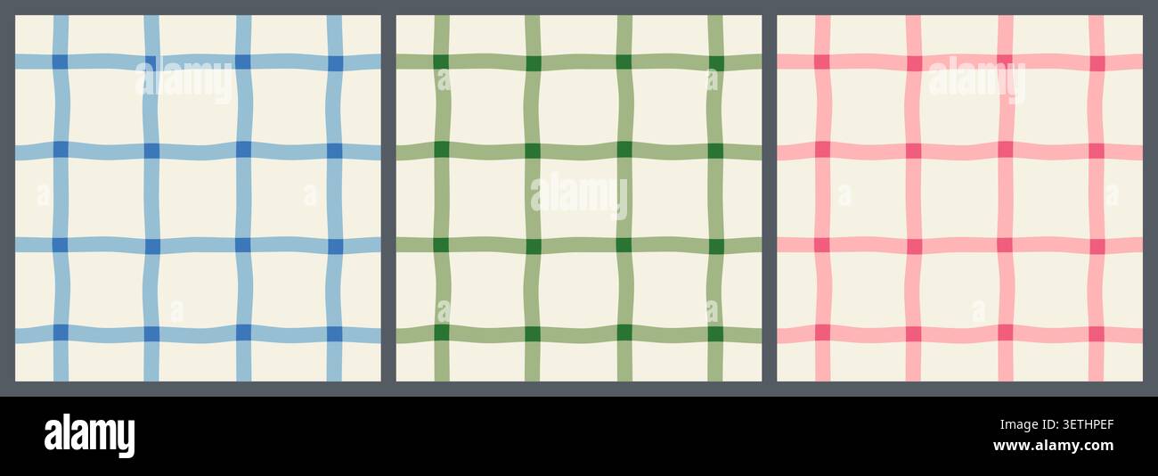 Pink, blue and green wavy grid gingham vector seamless pattern set, Cute checkered background for baby girls and boys textile designs Stock Vector