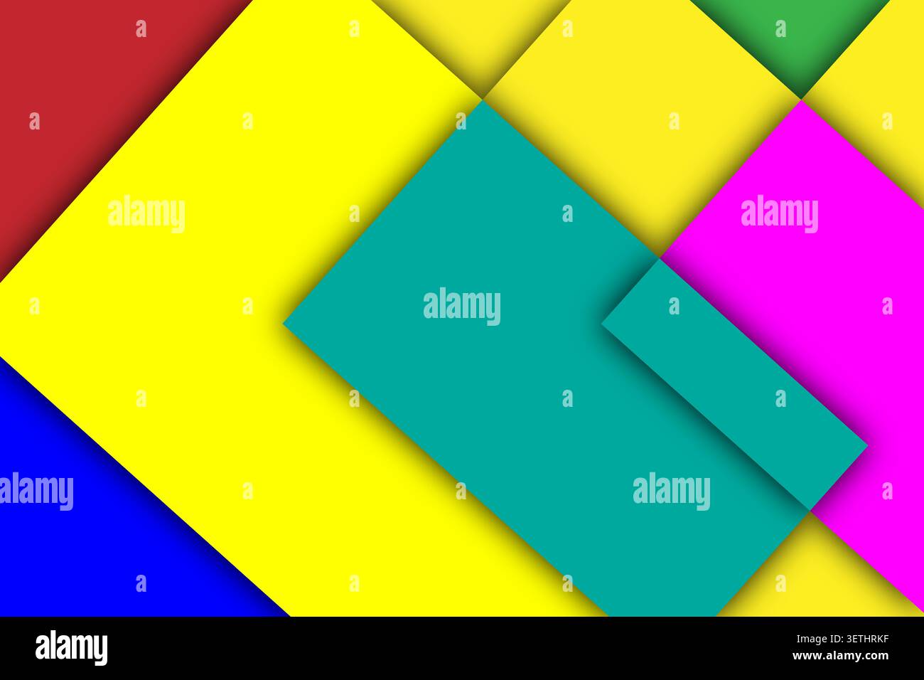 Bold abstract composition utilizing bright yellow green blue purple and red rectangular layers with distinct shadows creating dynamic geometric mosaic Stock Vector