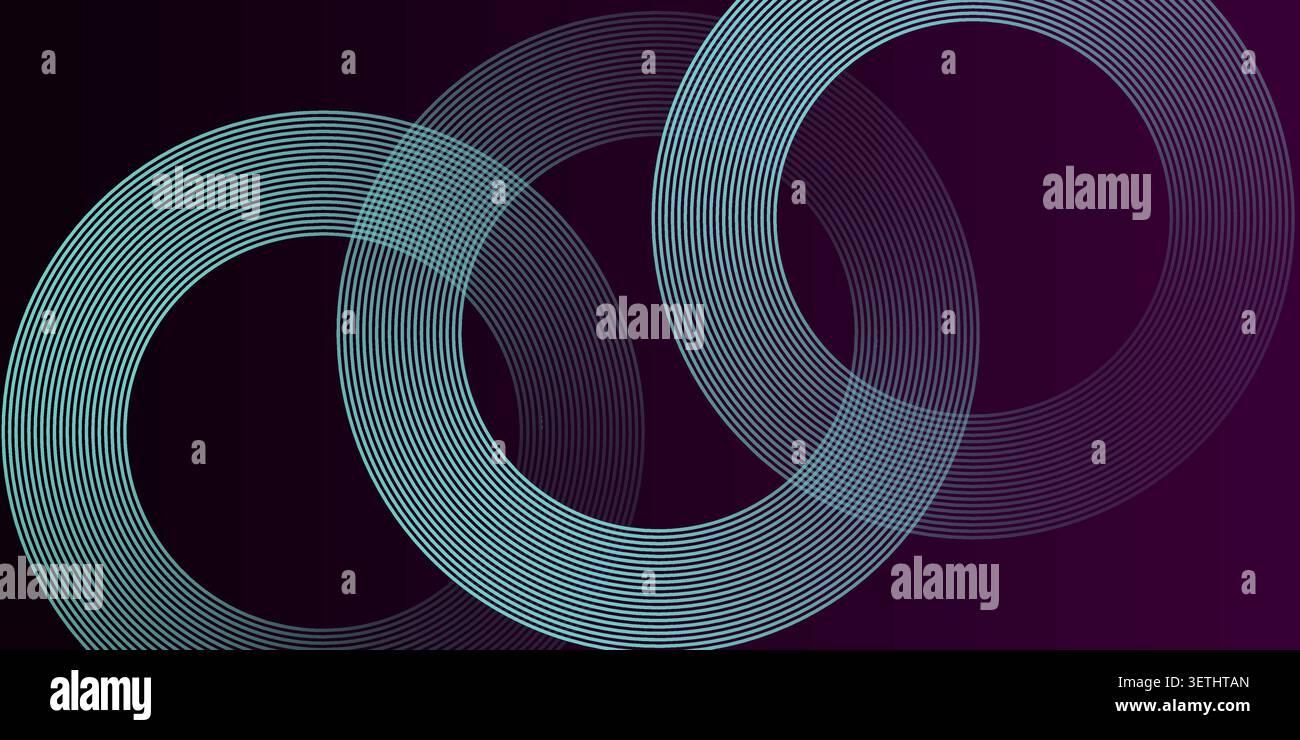 Abstract background with interlocking light blue concentric circles, dark purple gradient, smooth lines, modern geometric pattern Stock Vector