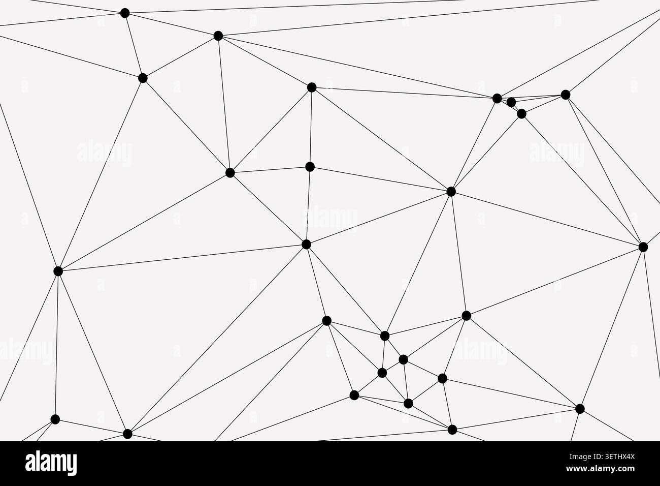 Abstract geometric pattern of connected black dots and thin lines on light grey canvas. Network structure with triangular and linear formations. Stock Vector
