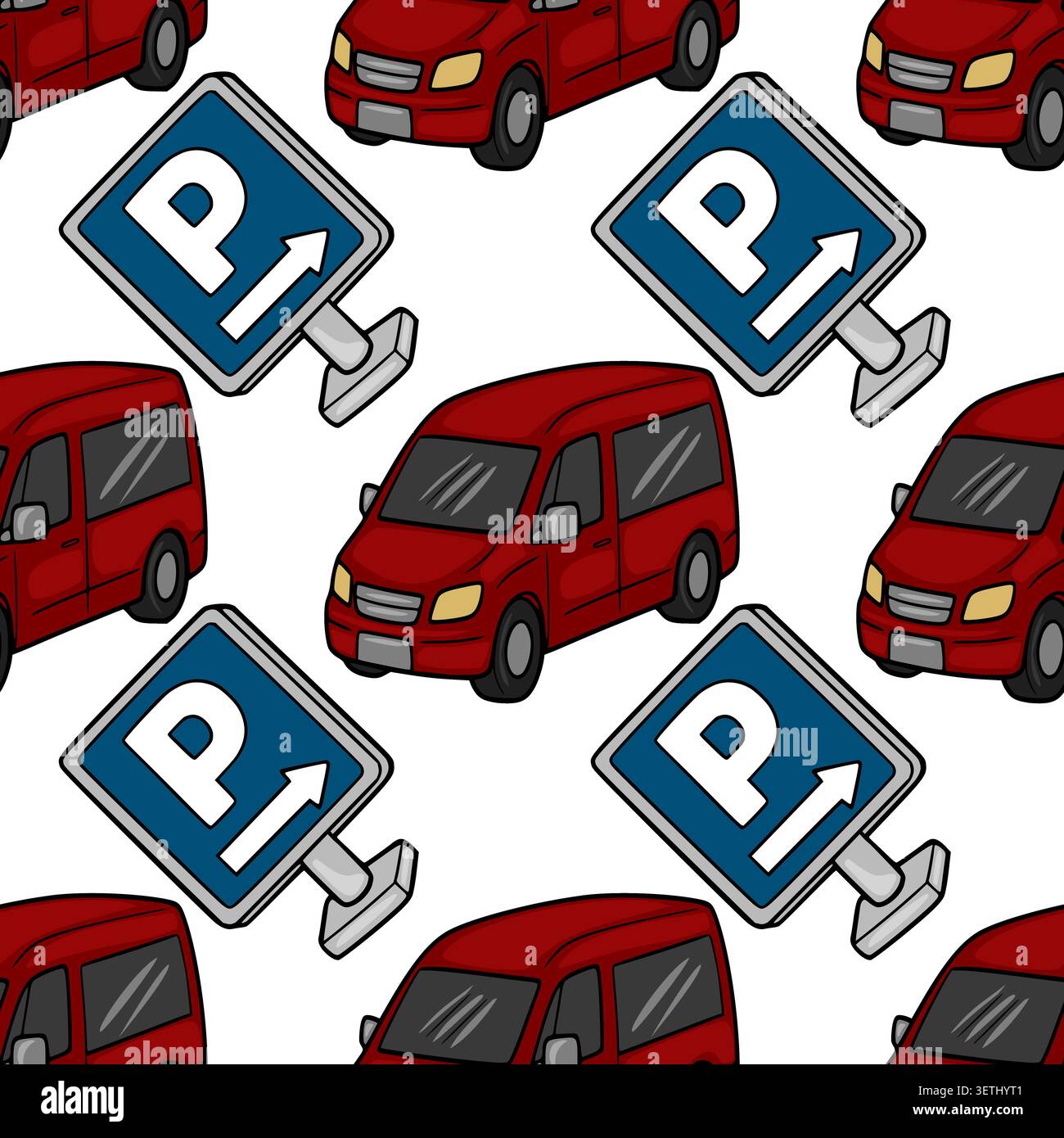 Red van and parking sign seamless pattern vector illustration Stock Vector