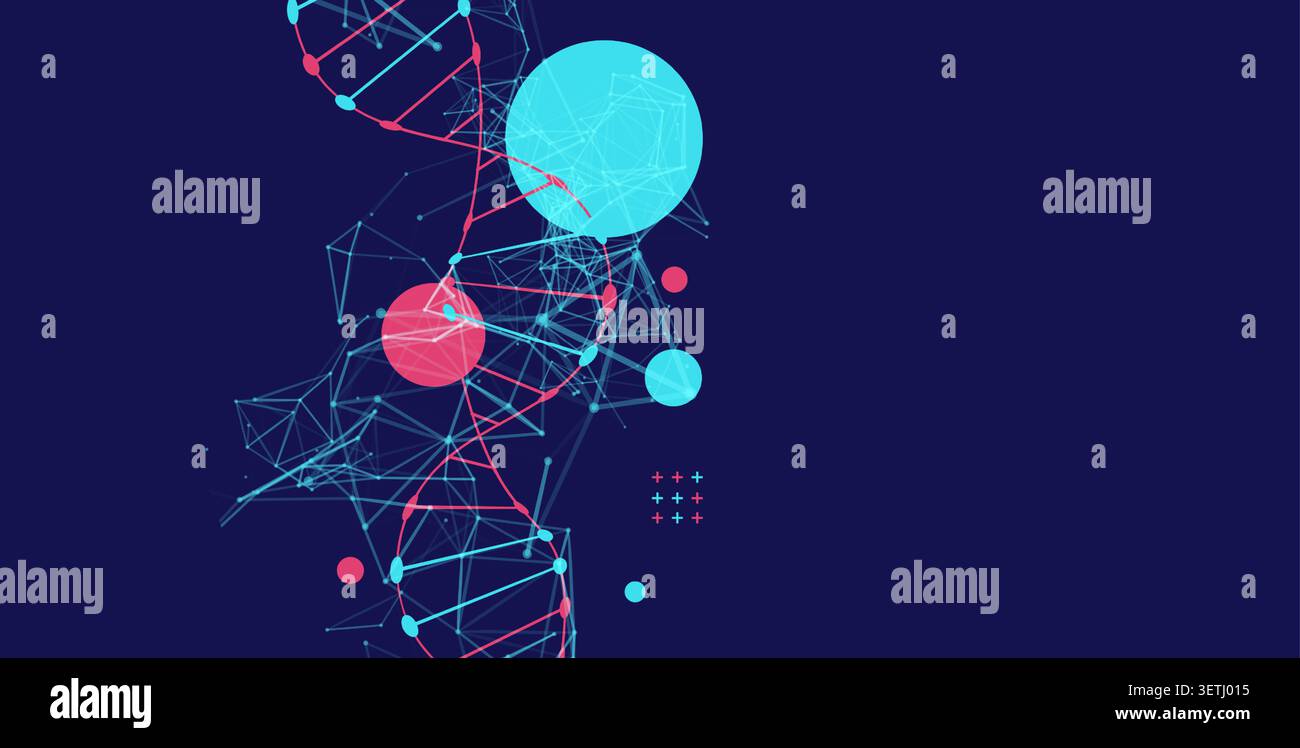 Abstract vector futuristic DNA helix structure with digital plexus network on dark background. Stock Vector