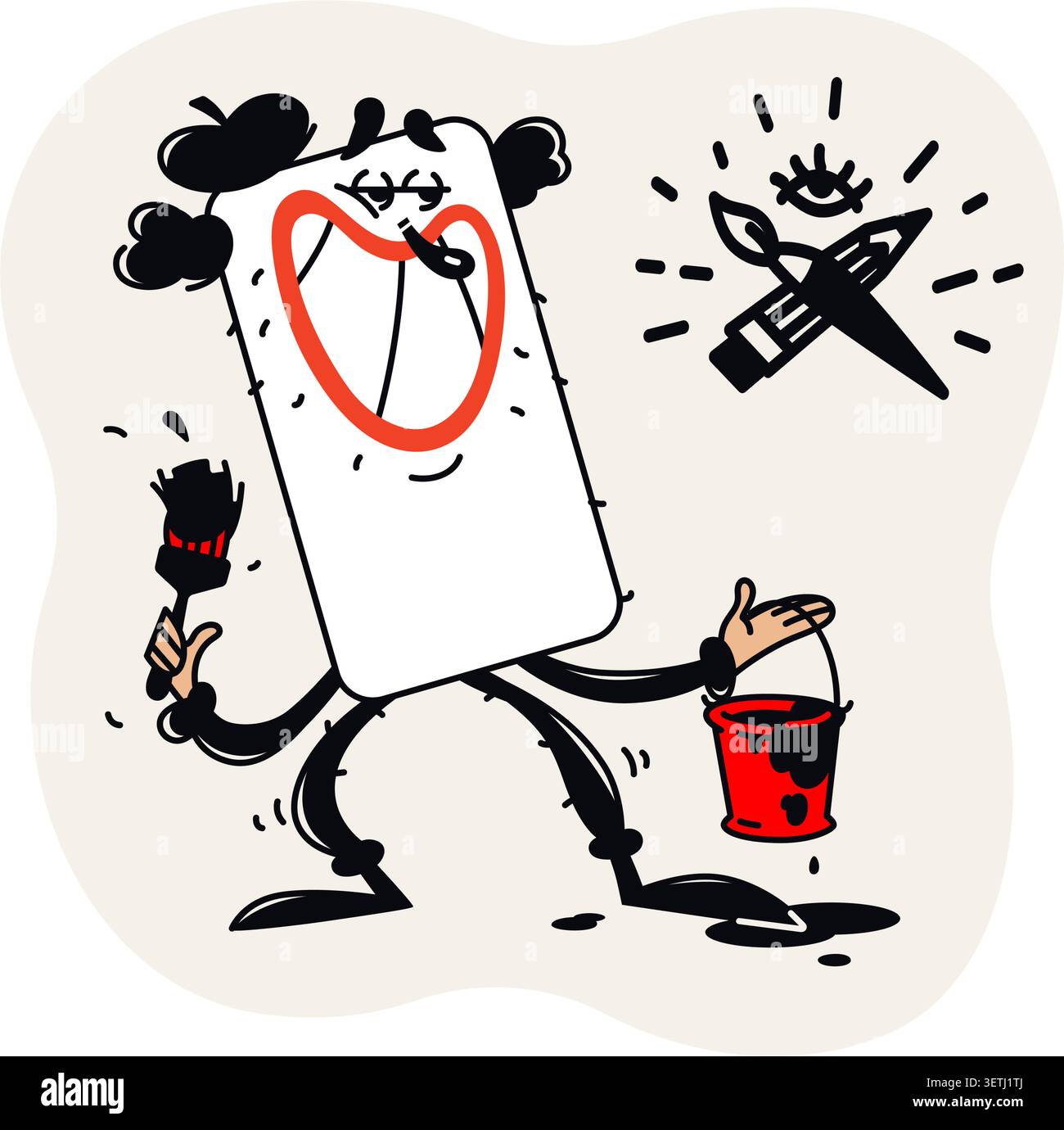 Witty vector illustration of a mobile phone painter with a brush and bucket. Vintage rubber hose style mascot for creative studios, art apps, and bran Stock Vector
