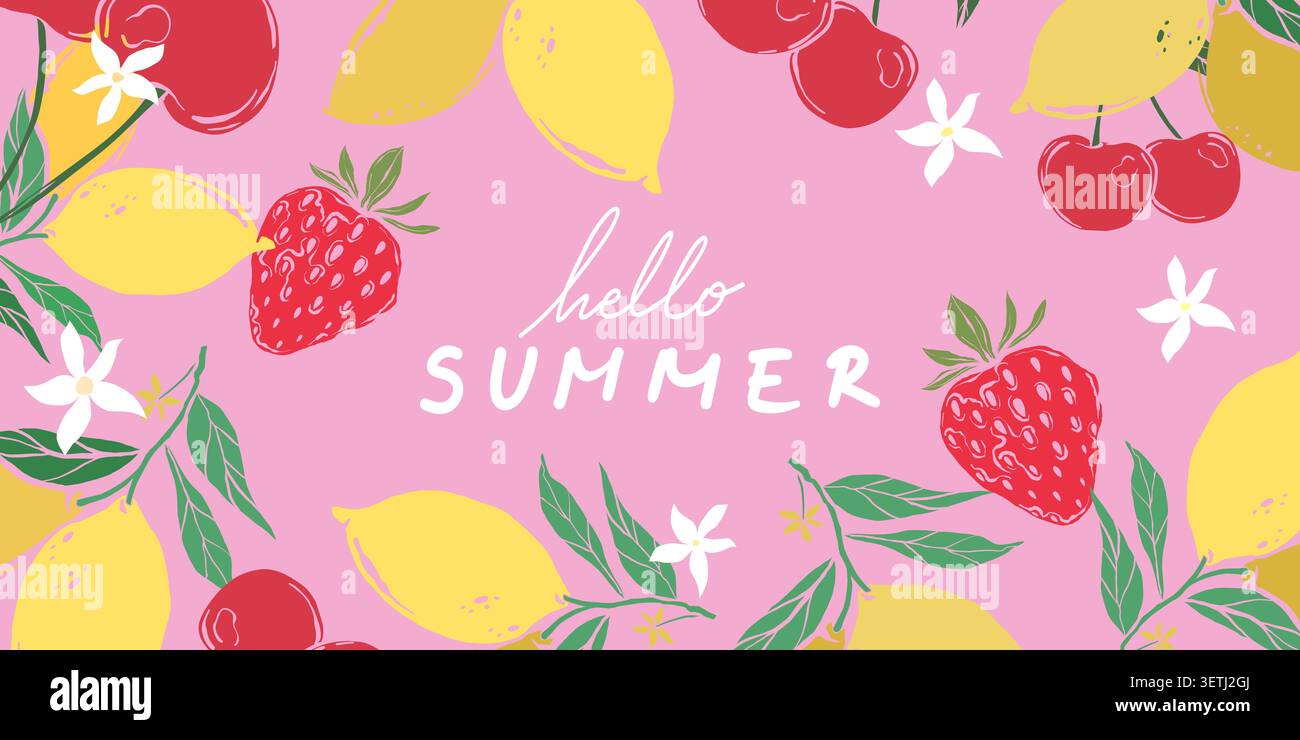 Summer fruit pattern with lemons, cherries, strawberries, and flowers Stock Vector