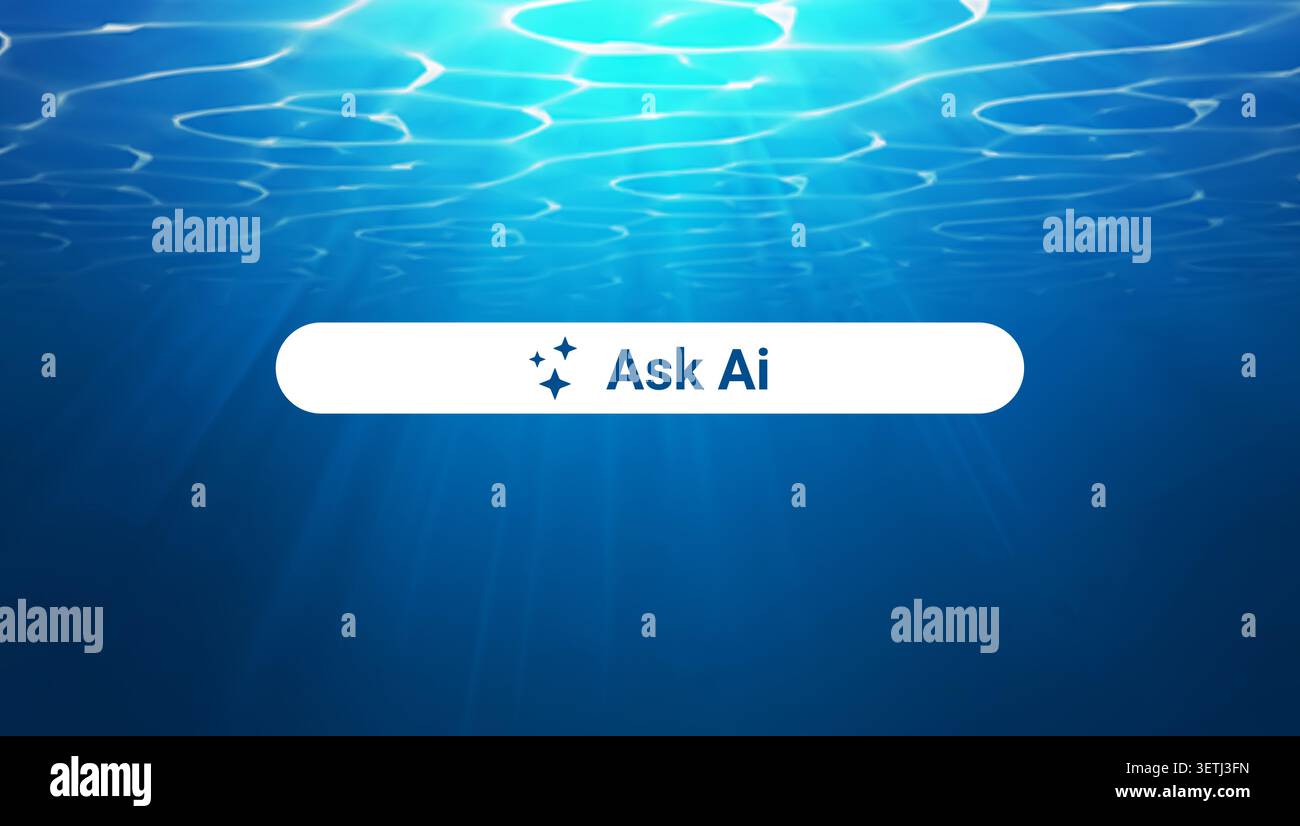 Artificial intelligence search assistant interface button underwater blue ocean background with sunlight rays Stock Vector