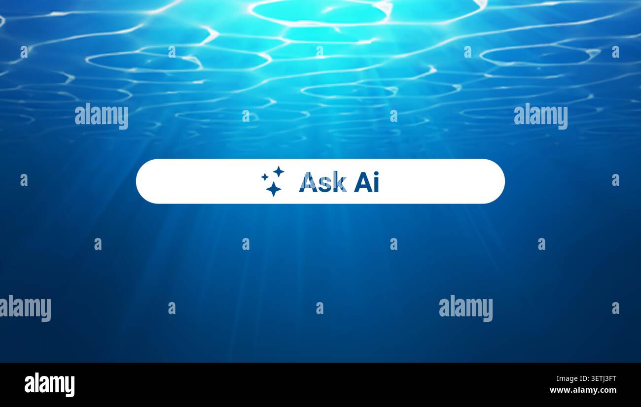 Artificial intelligence search assistant interface button underwater blue ocean background with sunlight rays Stock Vector