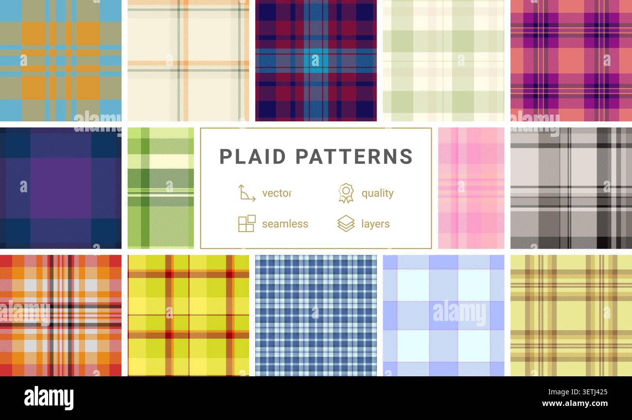 Plaid pattern pack tailored for Valentines and Womens Day styling. Coordinated tartan patterns fit cards, gift bags, and party decor. Seamless vector Stock Vector