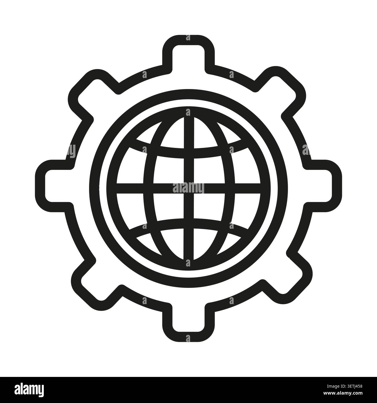 Globe gear setting wheel black vector icon features linear mechanics design. Global network configuration represents worldwide engineering technology. Stock Vector