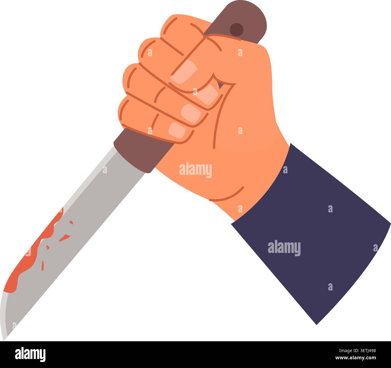 Mans hand with bloody knife. Scary murderer. Dangerous killer. Maniac arm with homicidal dagger. Blade with dripping blood. Criminal aggression Stock Vector