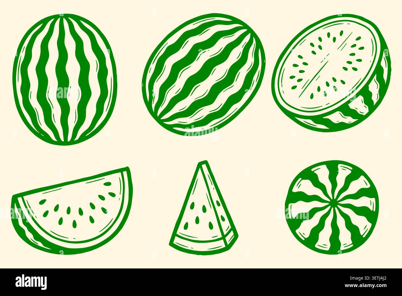 Watermelon Fruit Slice Vector Set Green Line Art Summer Doodle Stock Vector