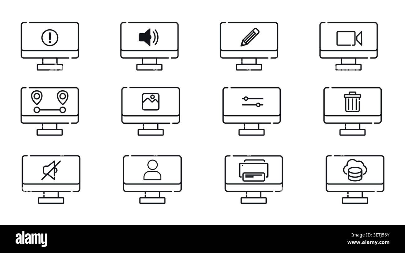 Mega set of 12 desktop computer icons: minimalist black line PC workstation vectors with web utility, multimedia, and tech administration symbols, out Stock Vector