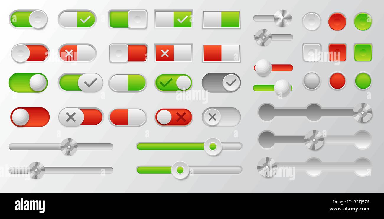 On off buttons. Interface design with realistic menu elements. Web sliders. Progress bar. Red and green indicators. Computer panel knobs. Dashboard 3D Stock Vector