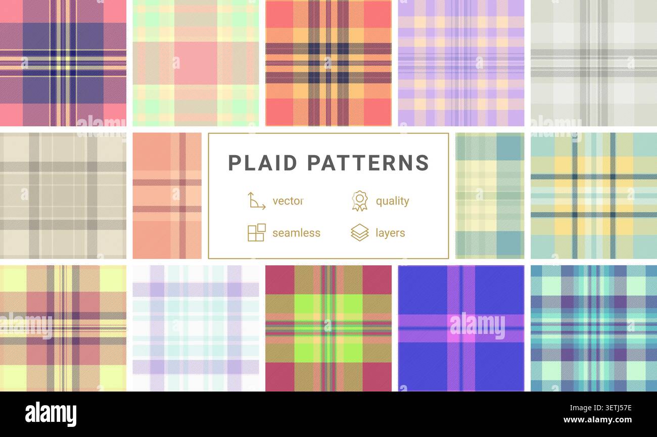 Plaid pattern set perfect for multipurpose design workflows. Vector tartan patterns enhance style, cohesion, and visual appeal. Stock Vector
