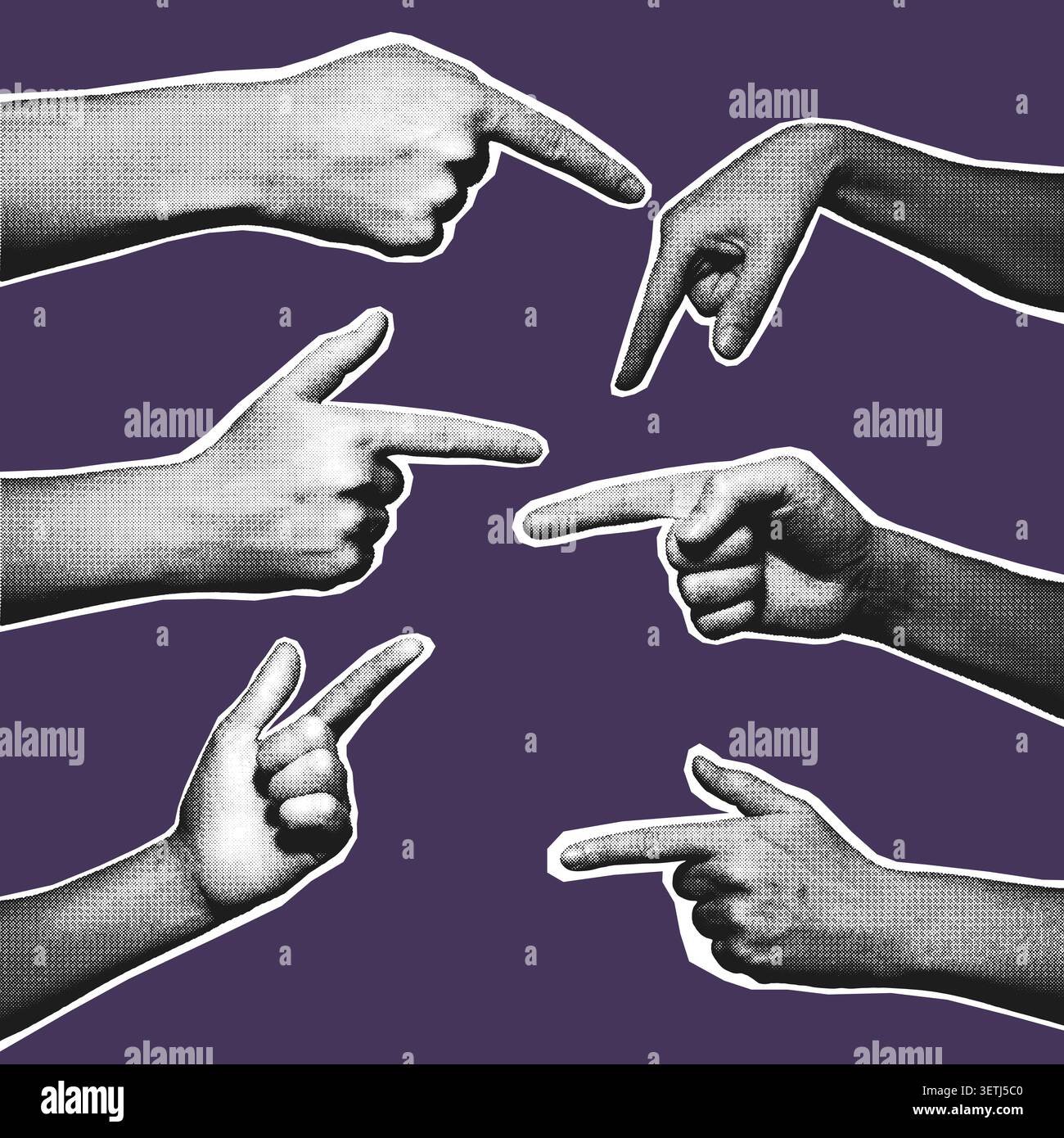 Pointing Finger Hands Halftone Set Purple Background Stock Vector