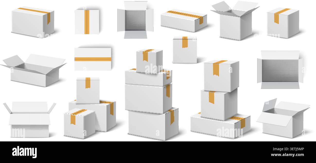 White cardboard boxes. Empty realistic packaging. Open and closed containers. Individual and grouped objects. Transportation packages stack top or Stock Vector