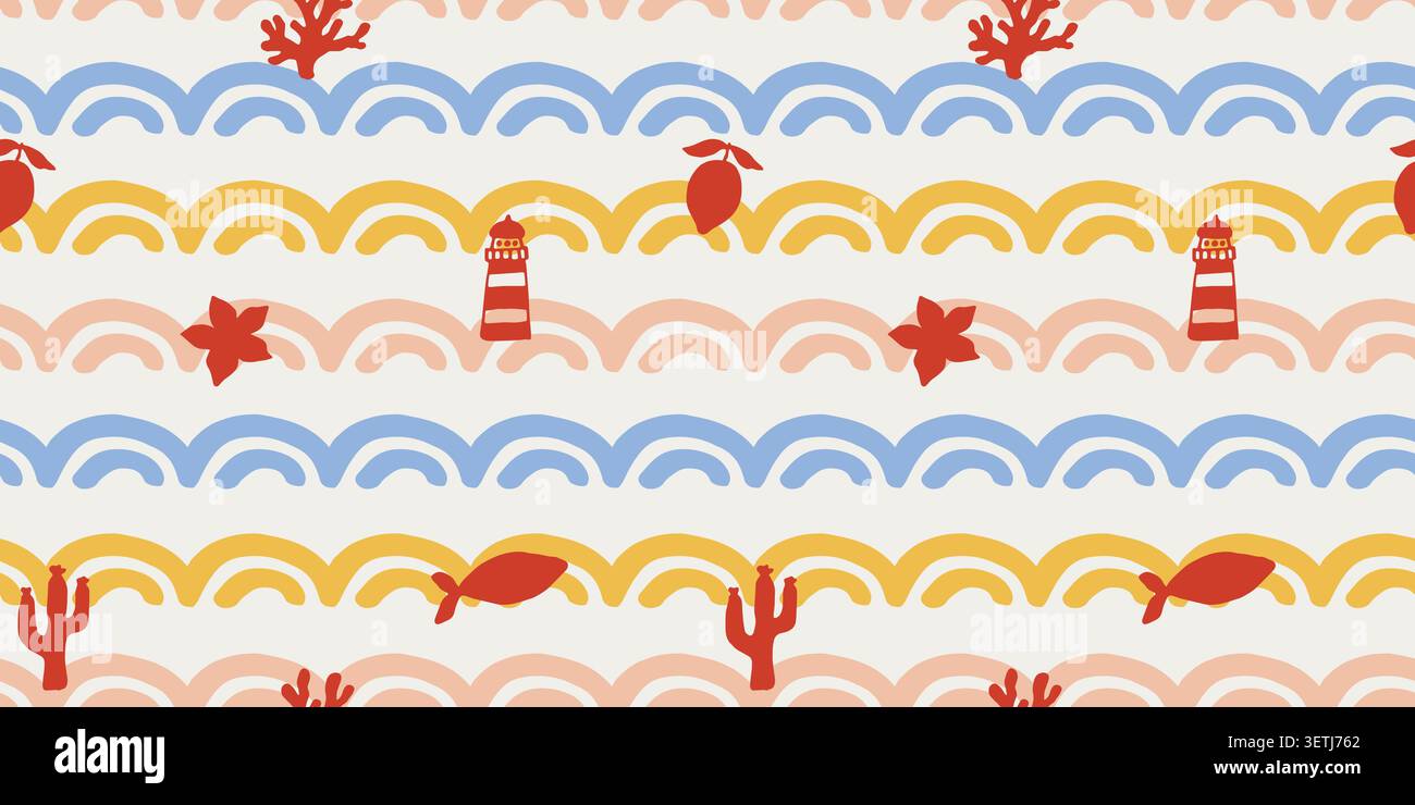 Coastal vector seamless pattern with ocean waves Stock Vector