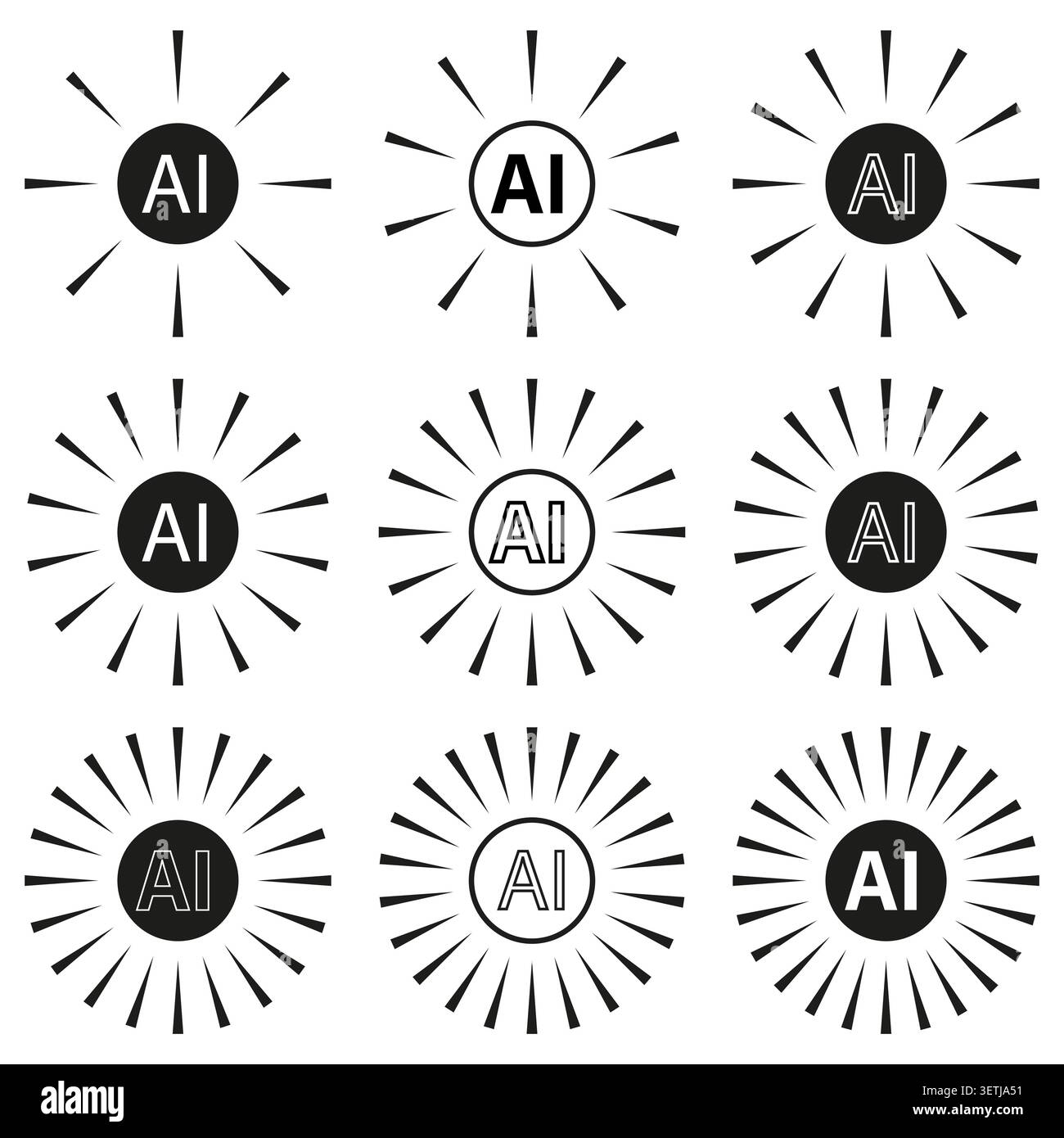 Artificial intelligence spark sunburst icons vector set. Perfect for tech branding and modern application interface designs. EPS 10. Stock Vector