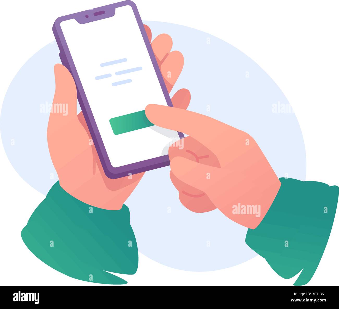 Hands holding smartphone and tapping green button vector illustration. Mobile app user interface, digital screen interaction, online confirmation and Stock Vector