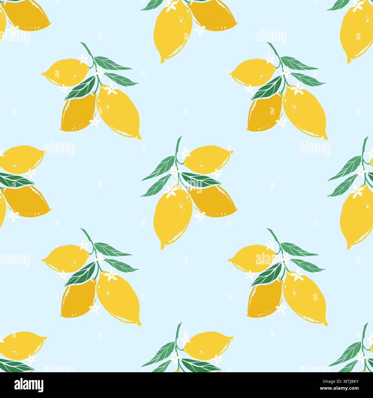 Seamless lemon branch pattern on pale blue background Stock Vector