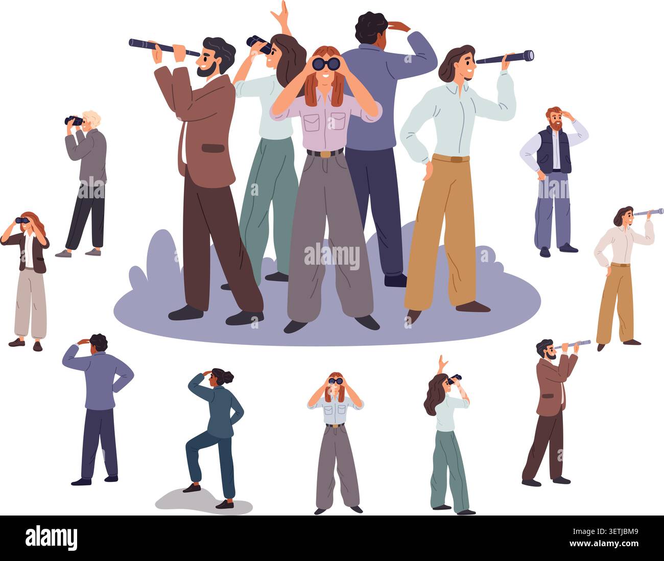 People gazing into distance. Men and women with telescopes. Businessman with binoculars. Characters looking at future. New perspectives and Stock Vector