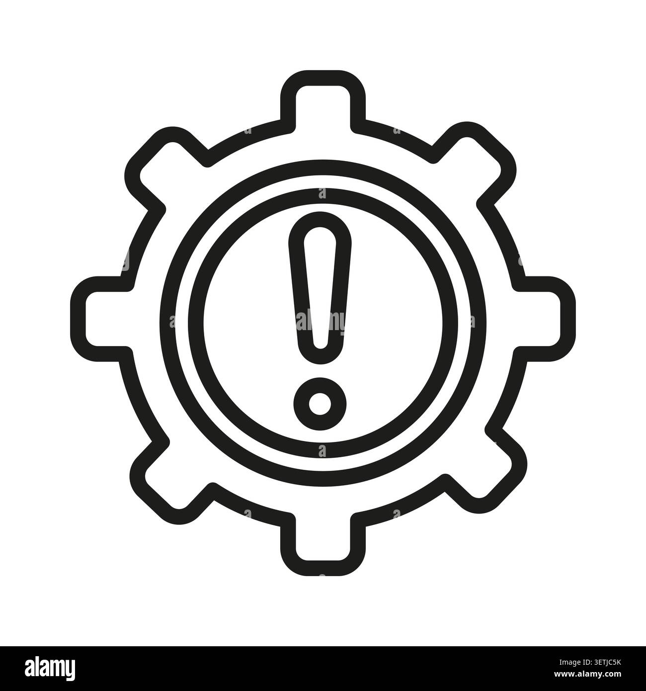 Exclamation mark gear wheel black vector icon features alert mechanics line. System warning attention complements error notification industrial proces Stock Vector