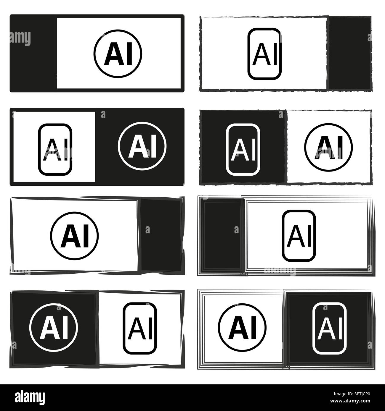 Monochrome artificial intelligence AI icon and logo collection vector. Elements support technology branding and application UI projects. EPS 10. Stock Vector