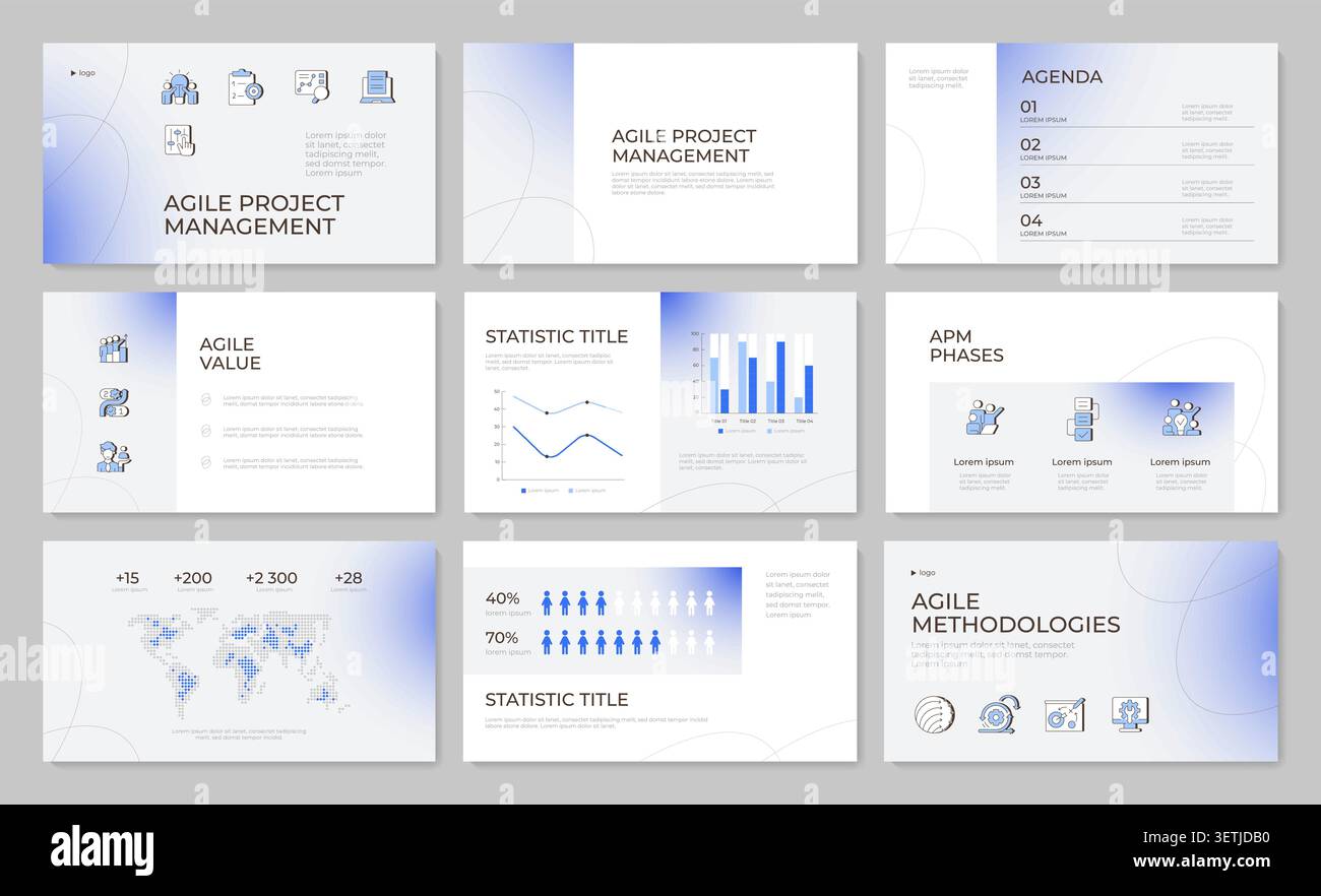 Modern agile workflow frameworks presentation template set Stock Vector