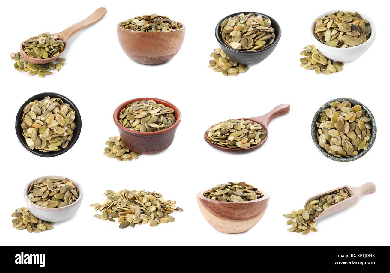 Dried pumpkin seeds isolated on white, set Stock Photo