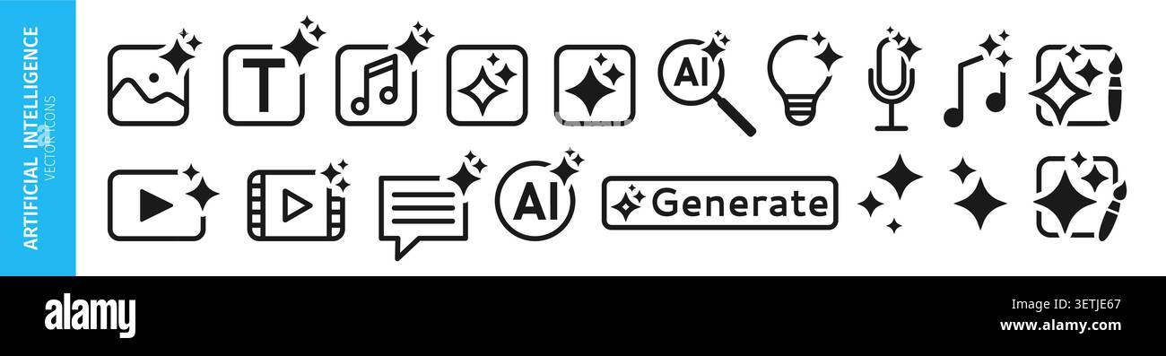 Artificial intelligence icon set. Collection includes media, music, image, text, microphone, video and AI generate symbols with sparkles. Machine learning symbols UI UX and app design vector elements Stock Vector