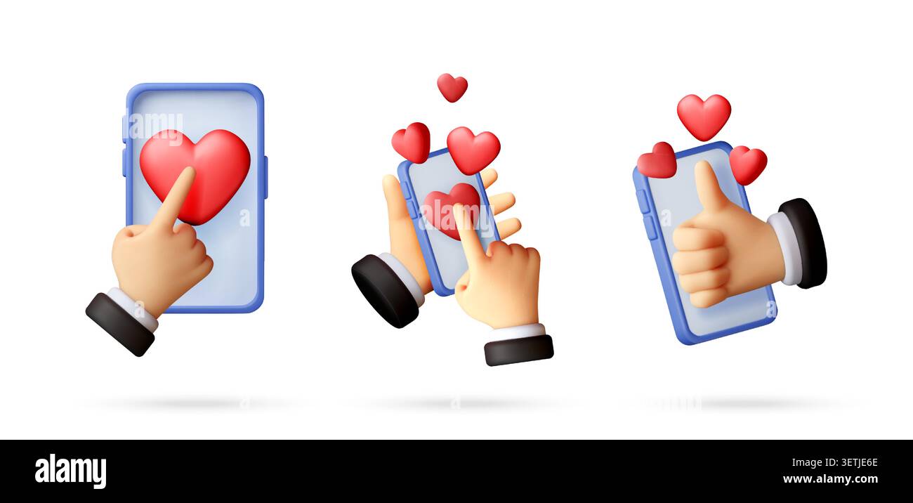 3D set of cartoon hand holding and interacting with smartphone. Finger tapping heart icon on screen, social media engagement and positive like gesture Stock Vector