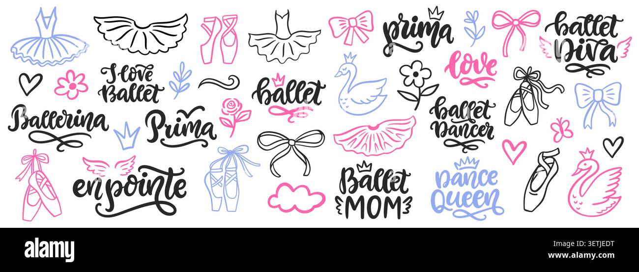 Ballerina dancer quotes, pointe shoes ballet set Stock Vector