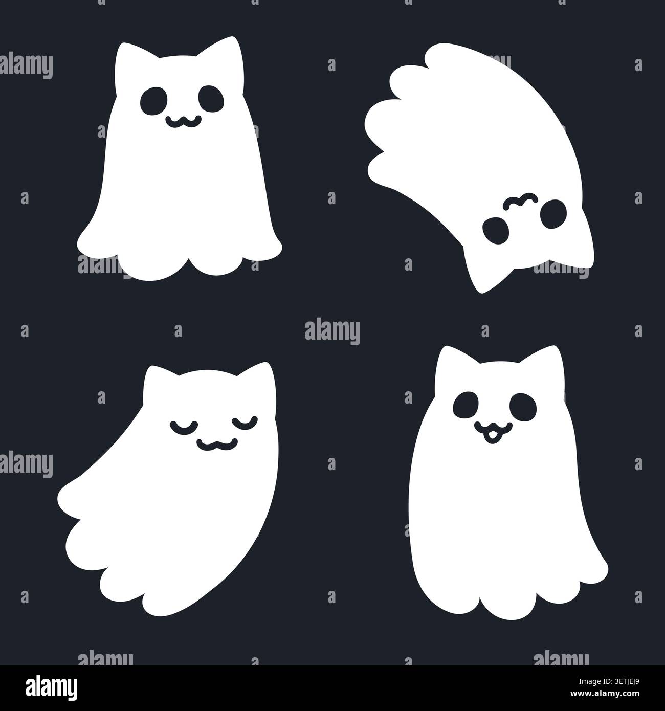Set of cute cartoon cat ghosts. Kawaii ghosts with kitty ears and different facial expressions. Simple black and white drawing, vector clip art illust Stock Vector