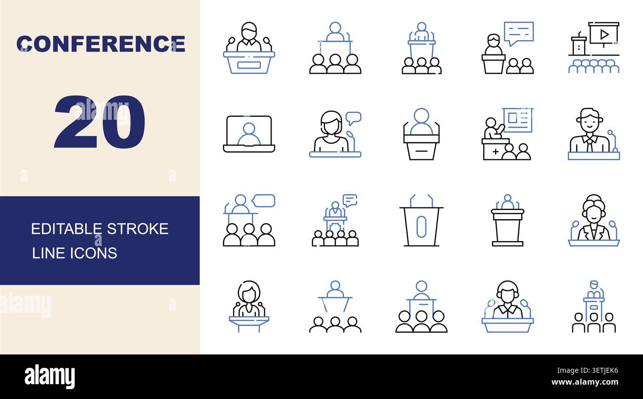 Conference, Public Speaking, Business Presentation and Seminar Line Icons Set Editable Stroke Vector Illustration Stock Vector