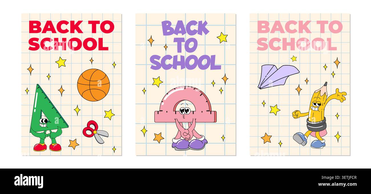 Back to school retro posters with groovy cartoon characters on paper sheet background. Colorful vector banners with happy mascots, funny protractor and pencil with faces, cheerful triangle Stock Vector