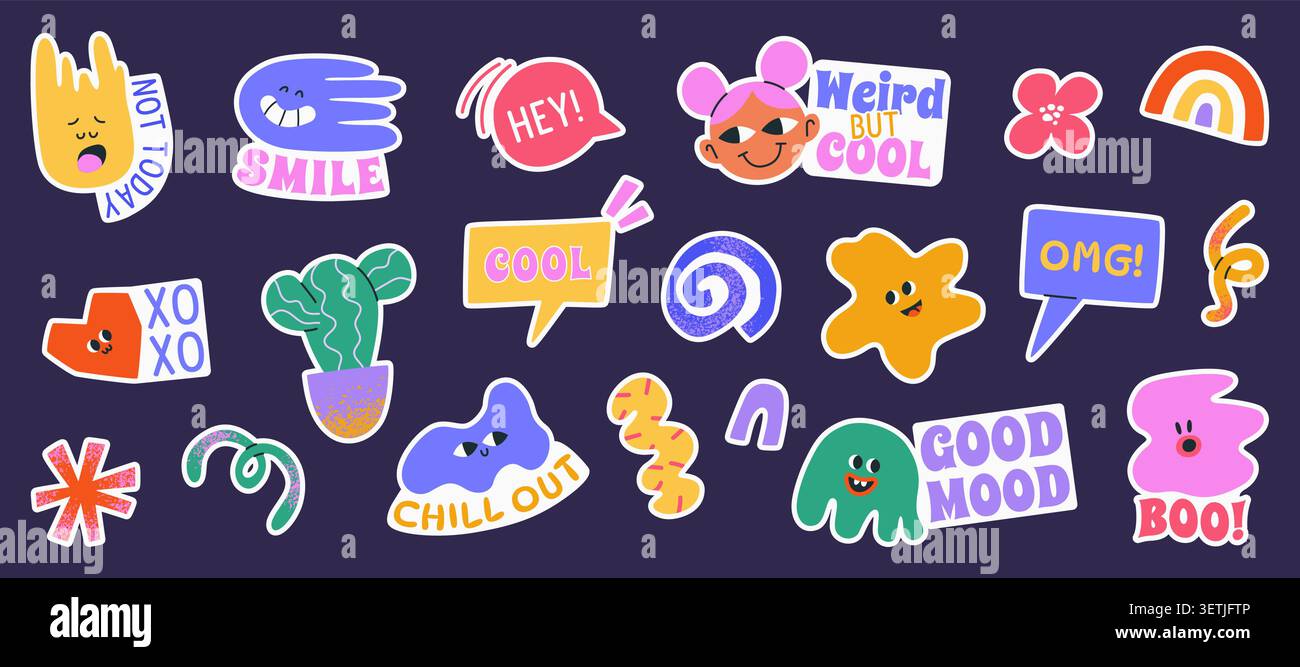 Funky sticker set. Doodle naive art. Vector. Stock Vector